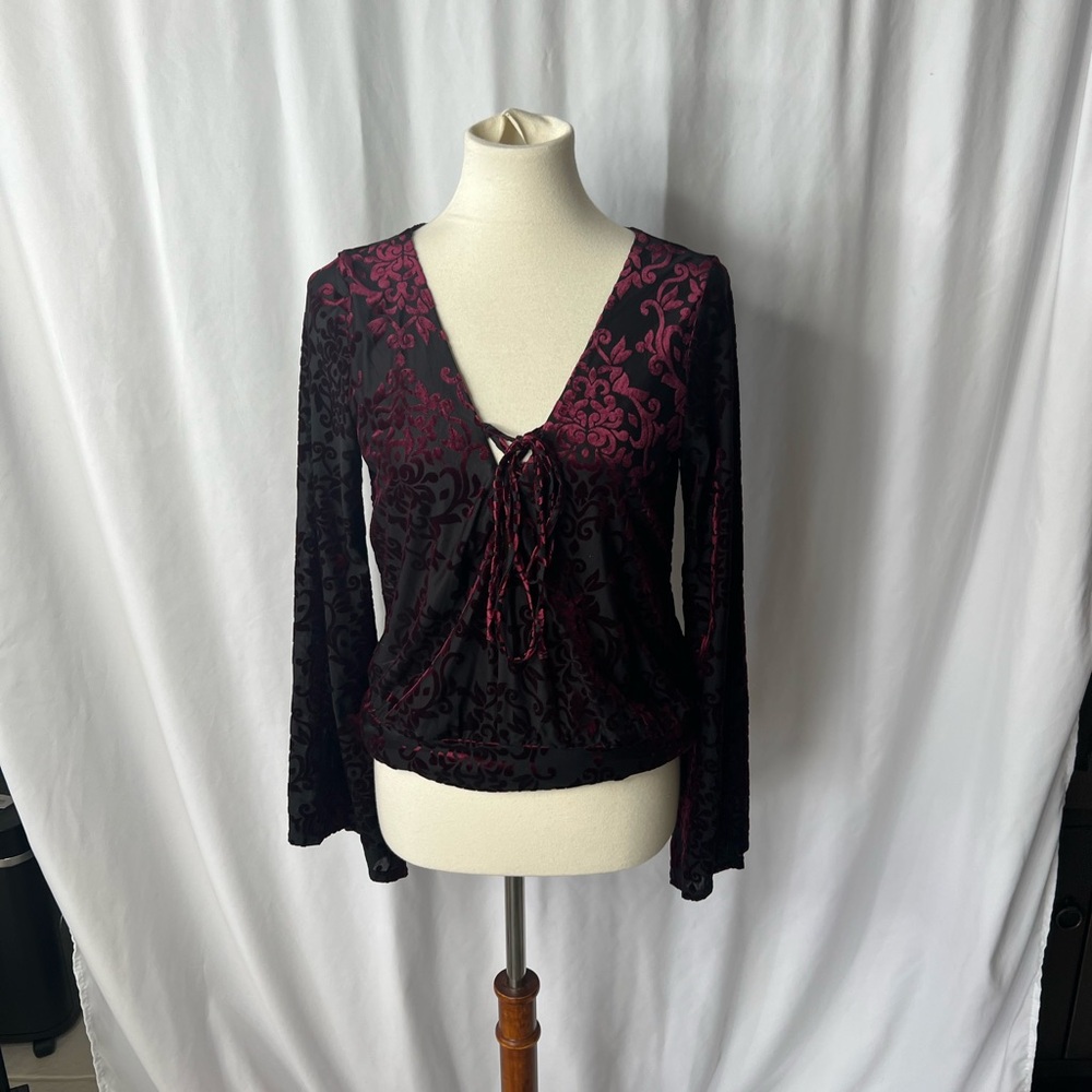 VENUS Black & Burgundy Burnout Velvet Tie-Front Top – Size M ✨